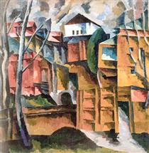 Landscape with white house and the yellow gate - Aristarkh Lentulov