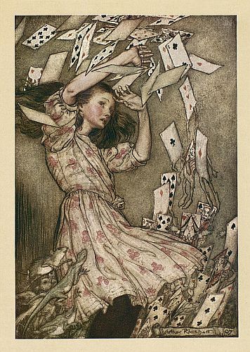 At this the whole pack rose up into the air, and came flying down upon her - Arthur Rackham