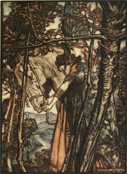 Brünnhilde slowly and silently leads her horse down the path to the cave - Arthur Rackham