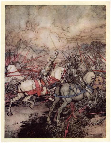 King Arthur for the first time draws his sword Excalibur from its sheath - Arthur Rackham