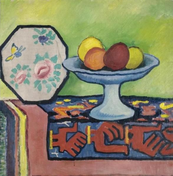 Still life with bowl of apples and Japanese fan - August Macke