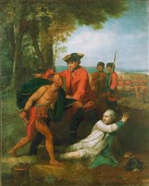 Генерал Джонсон спасает раненого французского офицера от томагавка североамериканского индейца - Бенджамин Уэст