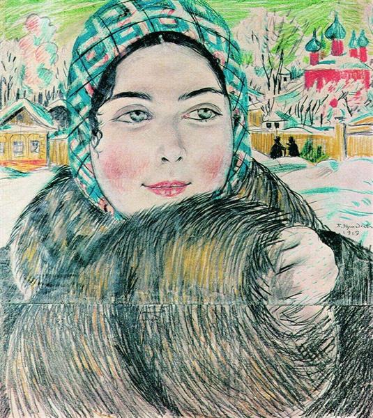 A young merchant's wife in the a checkered scarf, 1919 - Boris Kustodiev