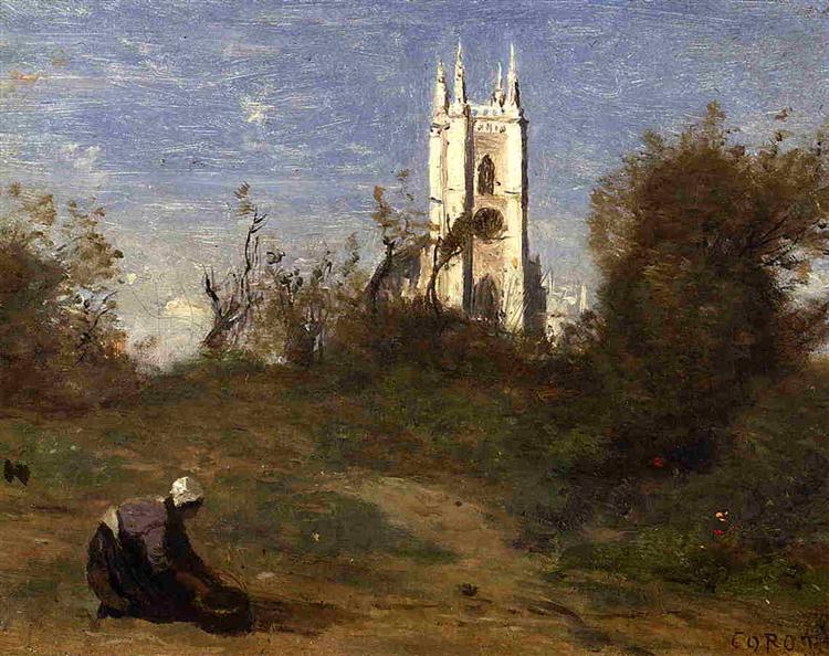 Landscape with a White Tower, Souvenir of Crecy, c.1874 - 柯洛