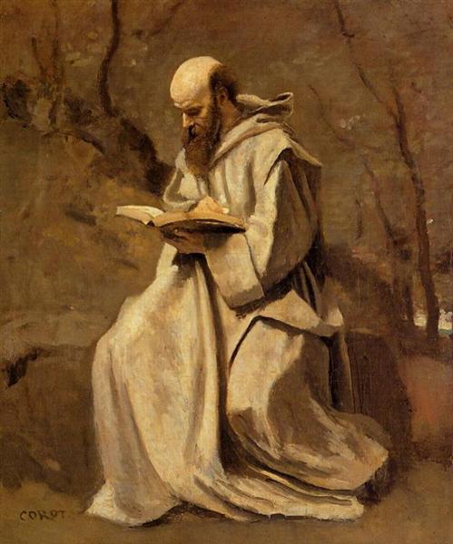 Монах в белом, сидя за чтением, c.1857 - Камиль Коро