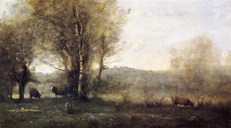Пруд с тремя коровами (На память о Виль д'Авре), c.1855 - c.1860 - Камиль Коро