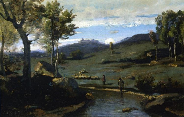 Roman Countryside Rocky Valley with a Herd of Pigs, 1827 - 1828 - Jean-Baptiste Camille Corot
