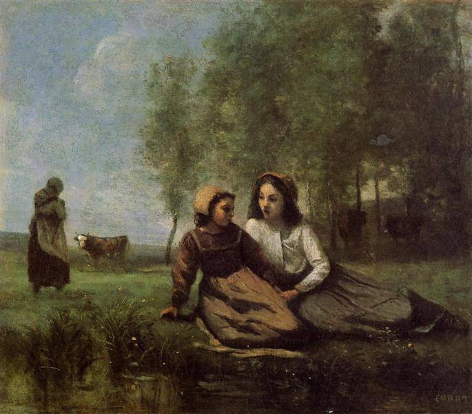 Two Cowherds in a Meadow by the Water, c.1850 - c.1855 - Camille Corot