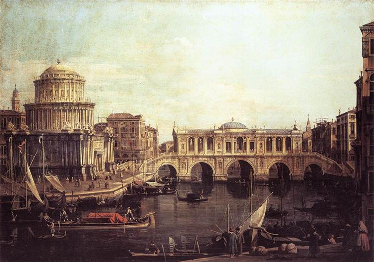Capriccio: The Grand Canal, with an Imaginary Rialto Bridge and Other Buildings, c.1745 - Каналетто