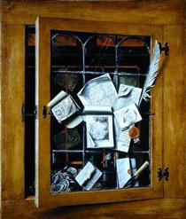 A trompe l'oeil of an open glazed cupboard door, with numerous papers and objects - Корнелис Норбертус Гисбрехтс