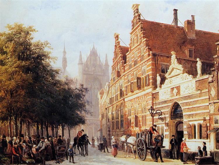 Kerkegracht en Weeshuis in Leiden - Cornelis Springer