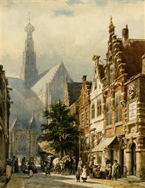 Many figures in the streets of Haarlem - Cornelis Springer