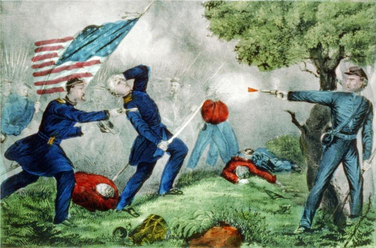 Death of Col Edward D. Baker at the Battle of Balls Bluff near Leesburg Va. Oct. 21st 1861 1861, 1861 - Currier and Ives