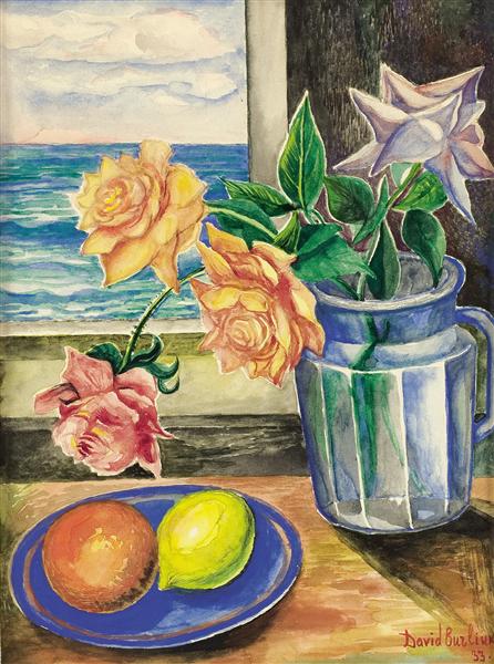 Still life with roses and fruits, 1933 - Dawid Dawidowitsch Burljuk