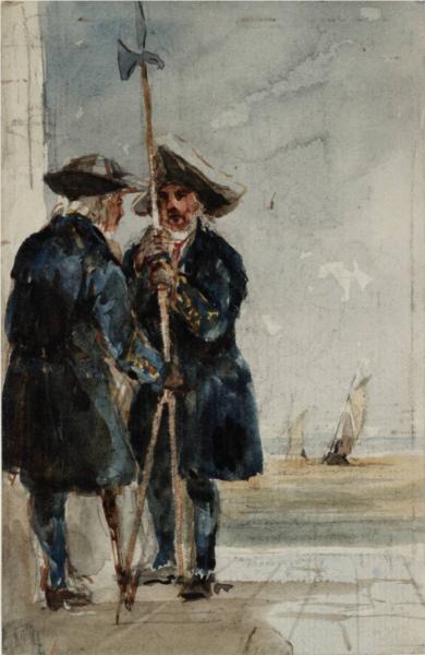Two Naval Pensioners with Shipping Behind - David Cox