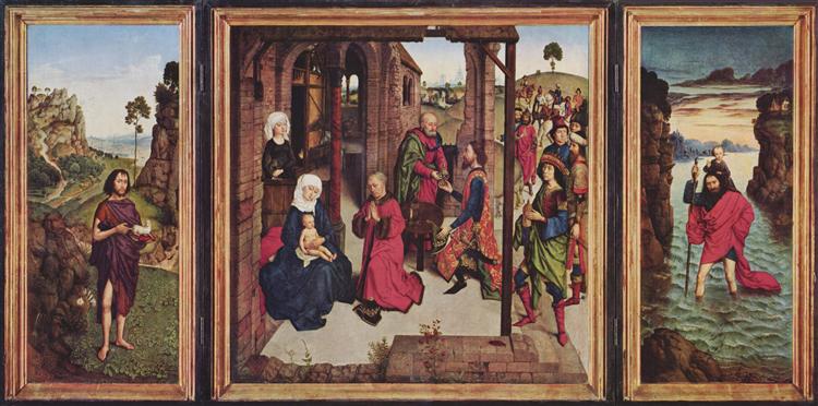 Triptych The Pearl of Brabant. Left wing: St. John the Baptist, middle panel: Adoration of the Magi, right wing: St. Christopher, c.1470 - Дирк Баутс