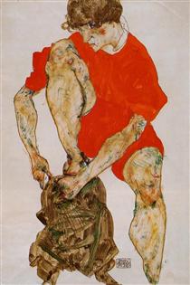 Female Model in Bright Red Jacket and Pants - Egon Schiele