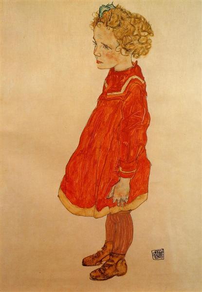 Little Girl with Blond Hair in a Red Dress, 1916 - Эгон Шиле