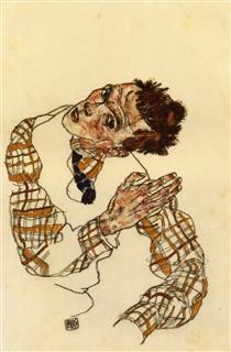 Self Portrait with Checkered Shirt - Egon Schiele