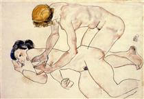 Two Female Nudes, One Reclining, One Kneeling - 席勒