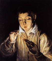 A boy blowing on an ember to light a candle - 葛雷柯