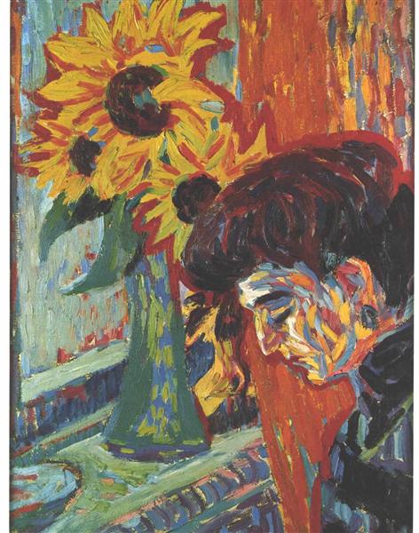 Head of a Woman in Front of Sunflowers - Ernst Ludwig Kirchner