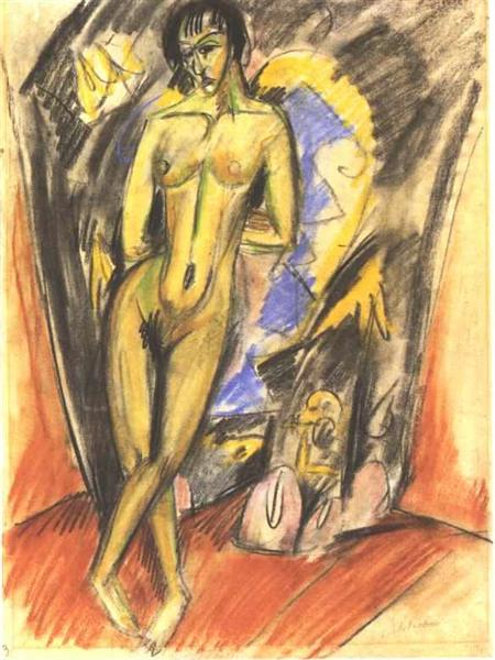 Standing Female Nude in Front of a Tent - Ernst Ludwig Kirchner
