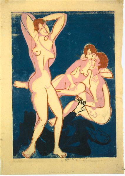 Three Nudes and Reclining Man, 1934 - Эрнст Людвиг Кирхнер