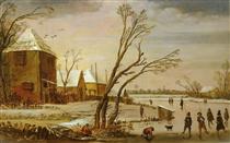 A Frozen River with Skaters - Esaias van de Velde