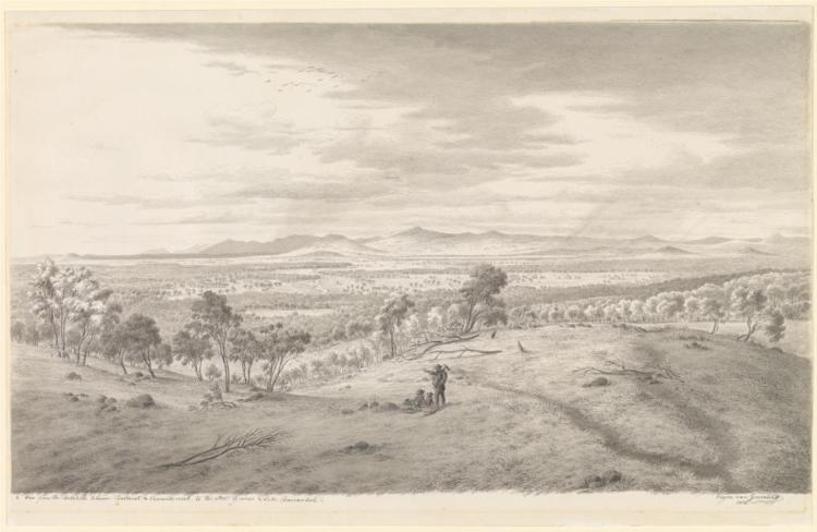 View from the Bald Hills between Ballarat and Creswick Creek, to the west Pyrenees and Lake Burrambeet, 1858 - Ойген фон Герард