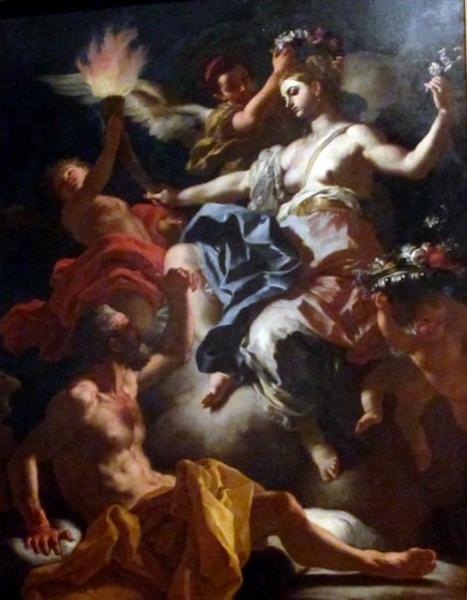 Aurora, Roman Goddess of the Dawn, Bids Goodbye to Her Lover Tithonus. Aurora is about to Illuminate the Darkness of Night, 1704 - Франческо Солимена