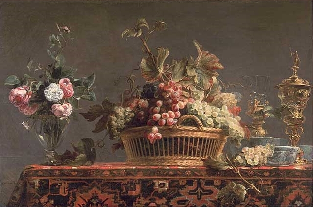 Grapes in a basket and roses in a vase - Франс Снейдерс