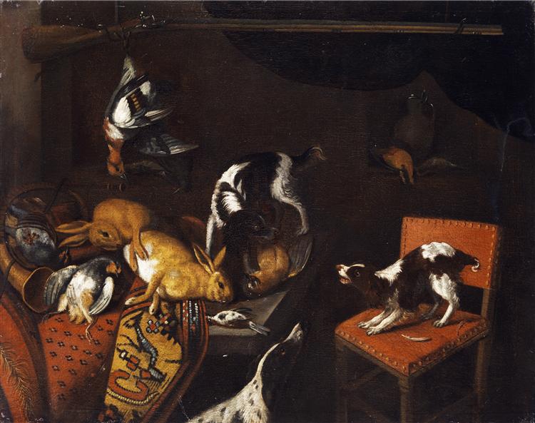 Still Life with dead hares and birds, armchair, hounds, hunting gun - Frans Snyders