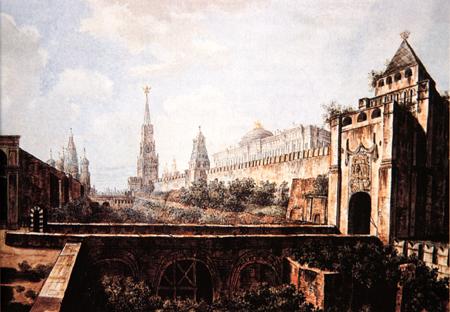View of Nikolskaya tower and gates of Moscow Kremlin and the moat in place of present day graveyard near Kremlin Wall and part of Red Square - Фёдор  Алексеев