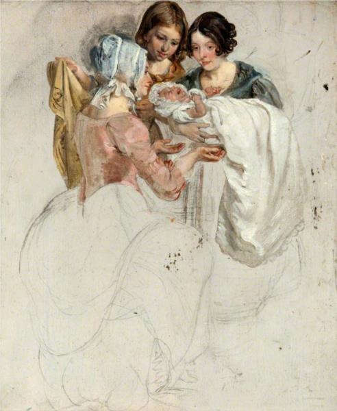 A Girl and Two Women, Standing and Holding a Baby (Study for 'The Covenanters' Baptism') - Джордж Харви