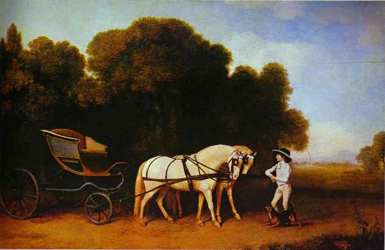 Park Phaeton with a Pair of Cream Pontes in Charge of a Stable Lad with a Dog, 1780 - 1785 - Джордж Стаббс
