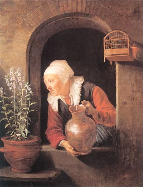 Old Woman Watering Flowers, 1660 - 1665 - Герард Доу