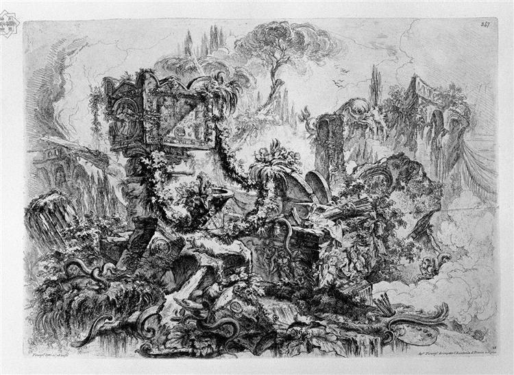 Caprice decoration, a group of ruins inhabited by snakes, surmounted by an ancient tomb, a delicate etching pine in the fund at the bottom right palette, c.1750 - Джованни Баттиста Пиранези