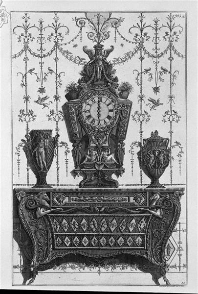 Chest of drawers with patterns of diamonds, on a clock and two decorative vases - Giovanni Battista Piranesi
