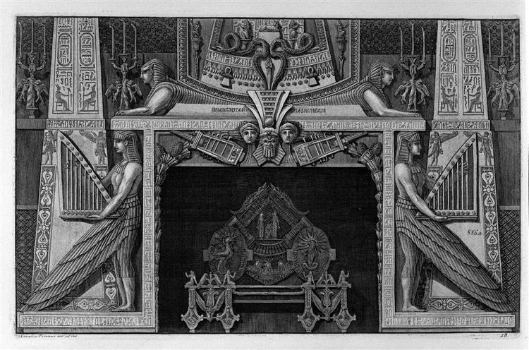 Egyptian-style fireplace surmounted by two sphinxes and flanked by two great figures of harpists, a rich interior wing - 皮拉奈奇