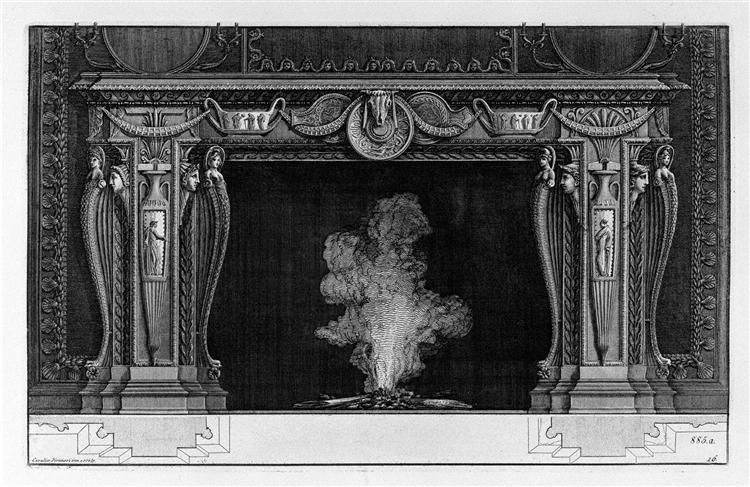 Fireplace: vessels in the frieze and sides, palms and garlands - Giovanni Battista Piranesi