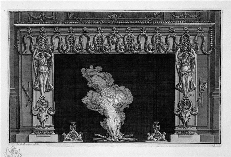 Fireplace with a frieze of serpents and winged figures above the hips bucranes - Giovanni Battista Piranesi