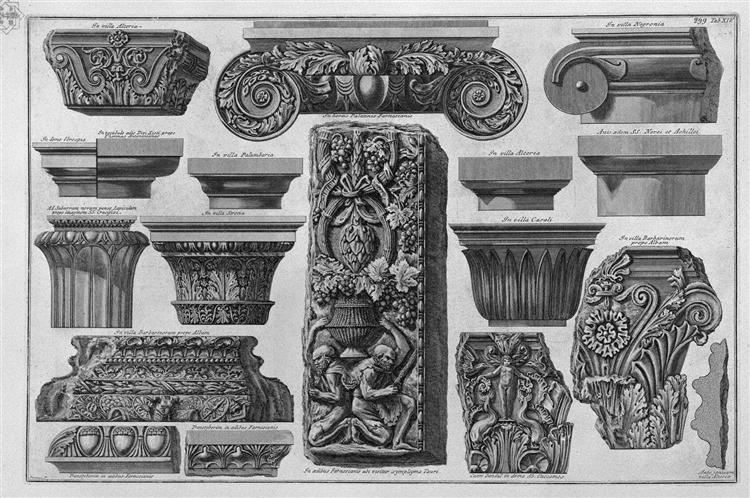 Several capitals and a bas-relief (Farnese Gardens, Villa Barberini, etc.) - Джованни Баттиста Пиранези