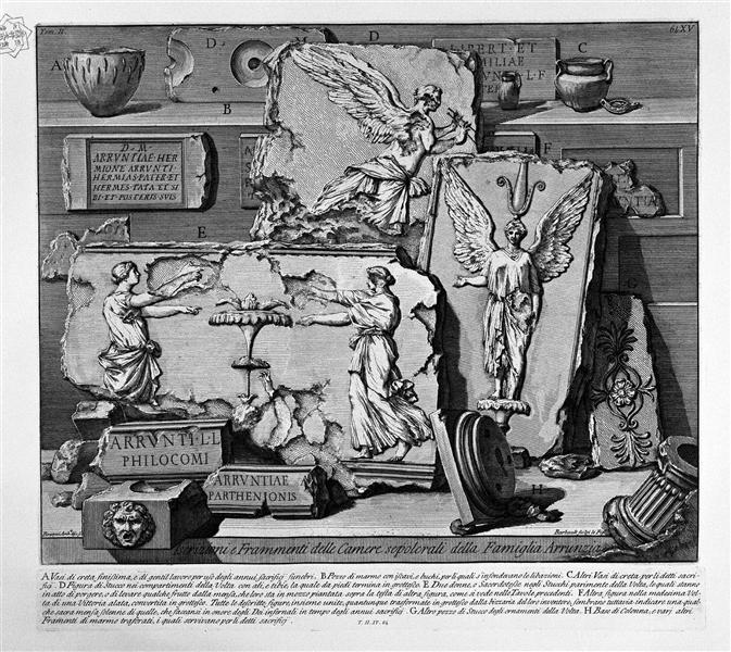 The Roman antiquities, t. 2, Plate XV. Inscriptions and fragments of the burial chambers of the Family Arrunzia (figures carved from Barbault)., 1756 - Giovanni Battista Piranesi