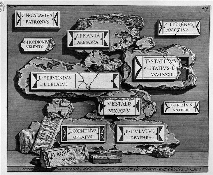 The Roman antiquities, t. 2, Plate XVIX. Inscriptions and fragments of the burial chamber above., 1756 - Джованні Баттіста Піранезі