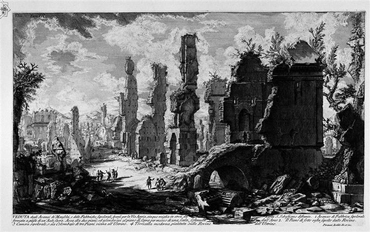 The Roman antiquities, t. 3, Plate VIII. View the remains of `Mausoleums and tombs scattered factories on the Appian Way, five miles from the Porta S. Sebastiano. - Giovanni Battista Piranesi