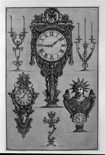 Three clocks and three candelabra - Giovanni Battista Piranesi