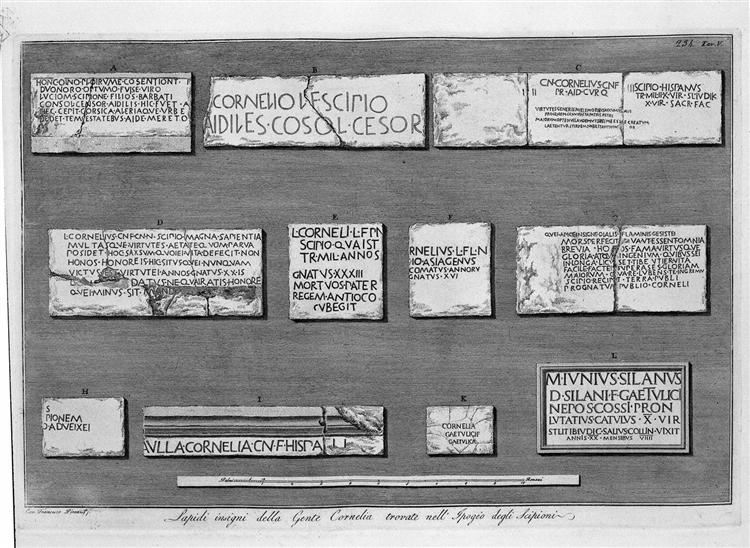 Tombstones of famous people found in Cornelia `Hypogeum of the Scipios - Giovanni Battista Piranesi