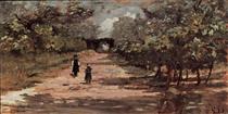 The avenue of trees with two children - Джованни Фаттори