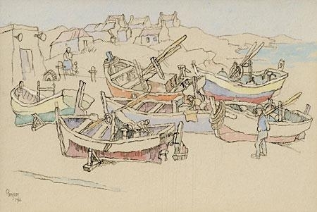 West Coast fishing village with beached boats & fishermen - Arniston, 1966 - Gregoire Boonzaier